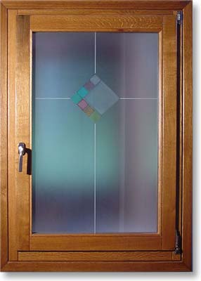 Finestra ad una anta in rovere con vetro acidato ornamentale